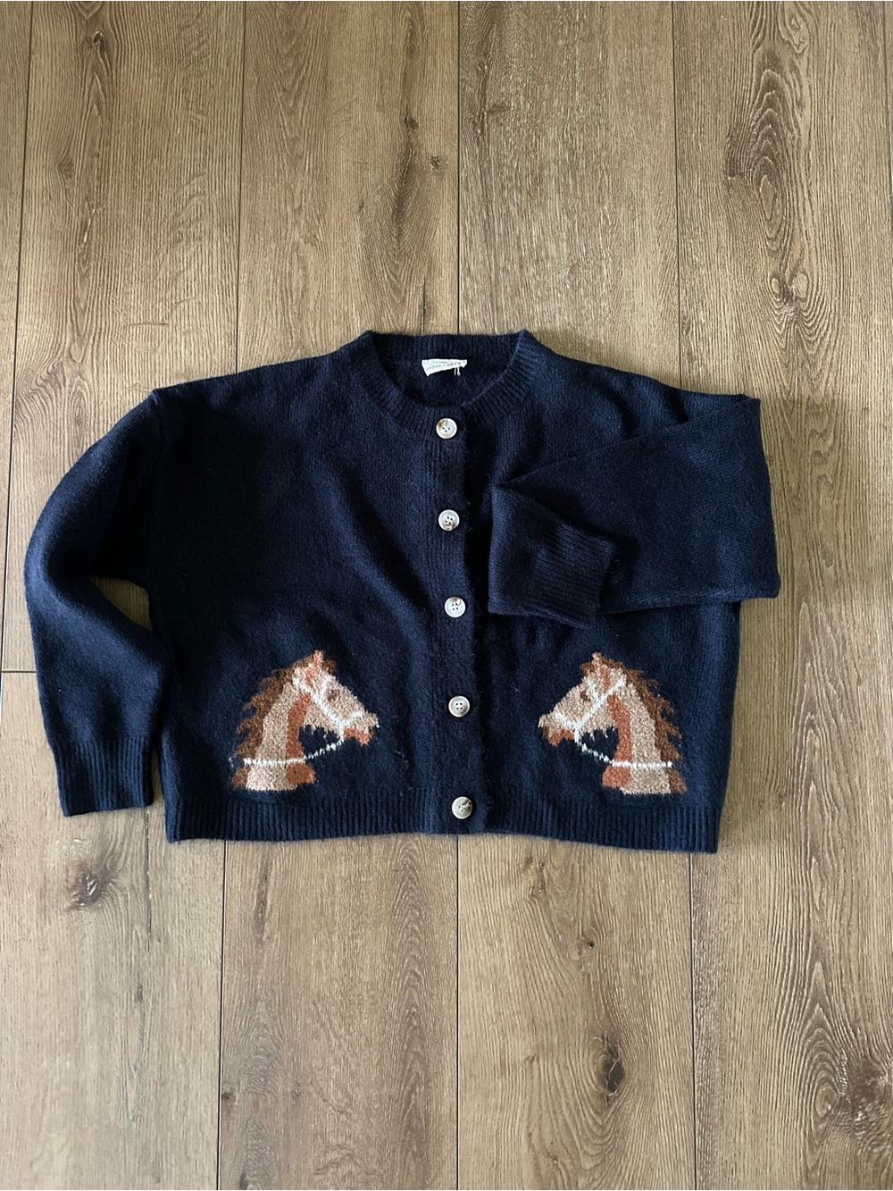 Women’s Navy Horse-Pattern Button Cardigan Sweater